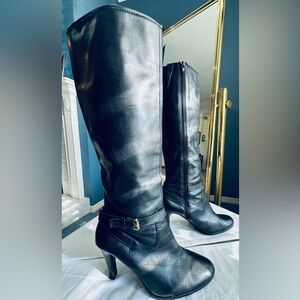 Ralph Lauren Black Burnished Leather Knee-High Boots